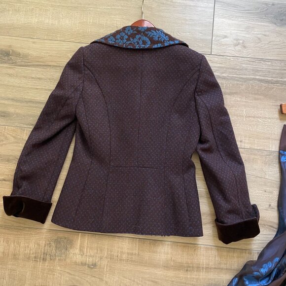 Etro Milano Suit Womens 42 Italy Brown Blue Wool Silk Brocade Handkerchief Skirt - Picture 6 of 14